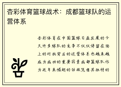 杏彩体育篮球战术：成都篮球队的运营体系