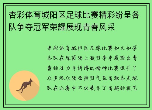 杏彩体育城阳区足球比赛精彩纷呈各队争夺冠军荣耀展现青春风采